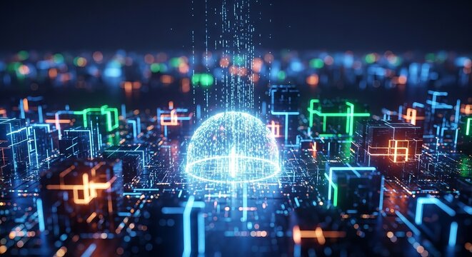 Abstract digital cityscape with glowing lines and a central sphere emitting light particles above