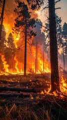 Obraz premium Forest Fire Devastation in Cinematic Warm Tone with Flames and Burning Trees against Smoky Sky at Dusk