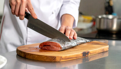 A chef was cutting trout on a wooden platform.