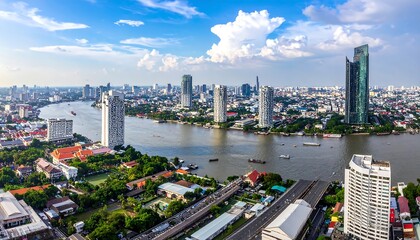 An aerial view showcases a sprawling cityscape with towering skyscrapers bordering a wide river, under a vibrant blue sky. Boats are seen in the water