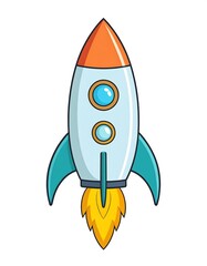 A cartoon rocket ship with an orange tip, light blue body, and blue fins