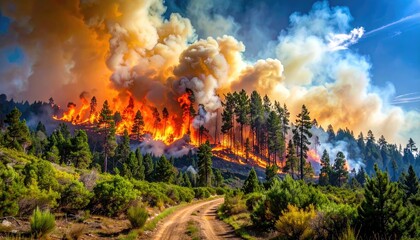 Forest Fire Raging Through Woods with Thick Smoke and Intense Flames on Tree Covered Hillside under Sky in Countryside Landscape