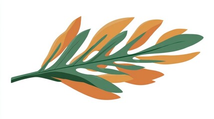 A stylized botanical illustration of a single branch with bicolored leaves in shades of green and orange.