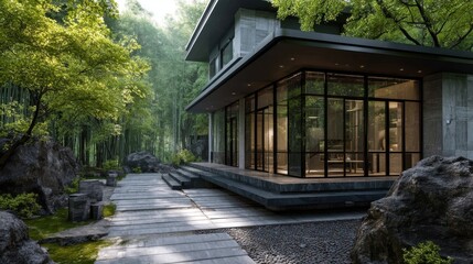 Obraz premium Modern house with expansive glass facade surrounded by lush greenery and bamboo trees,
