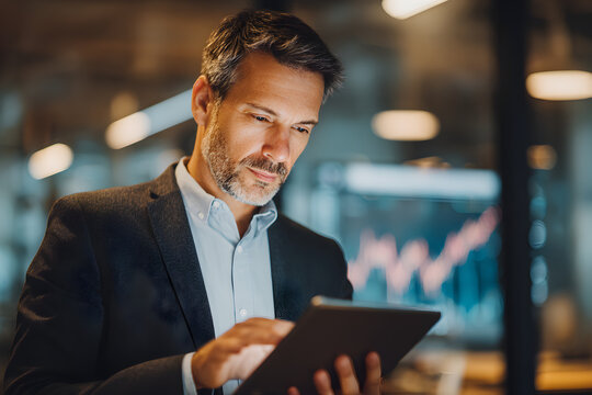 Man in suit checks financial graph on tablet in office