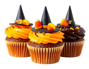 Spooky Halloween Cupcakes with Candy Corn and Witch Hats PNG