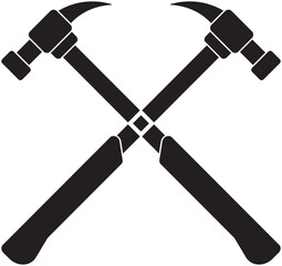 Silhouette of two crossed claw hammers, symbolizing carpentry, construction, and handyman tools. Ideal for repair icons, workshop graphics, DIY illustrations, or hardware store design resources.