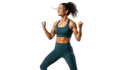 Woman celebrating fitness isolated on transparent background