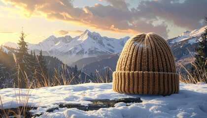 A warm, knitted beanie rests on a snowy mountaintop, bathed in golden sunlight, against a backdrop of majestic snow-capped peaks.