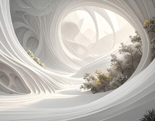Serene, abstract depiction of a luminous, organic, and flowing landscape
