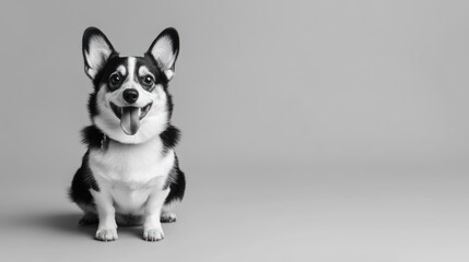 Happy corgi dog portrait black and white studio shot with copy space