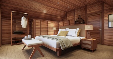 Cozy wooden house bedroom interior with double bed and warm lighting.
