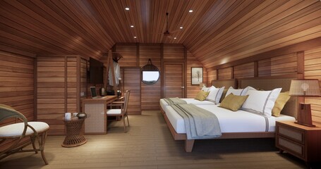 Cozy wooden house bedroom interior with double bed and warm lighting.
