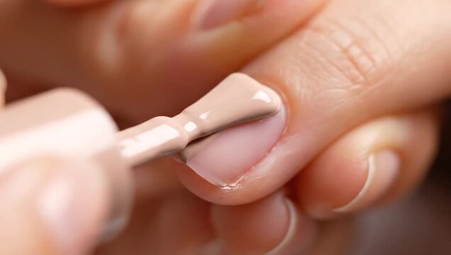 Close-up of a professional manicurist meticulously applying a light, nude-colored nail polish to a client's fingernail, highlighting a beauty treatment and personal care routine for elegant hands