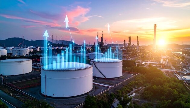 An aerial view showcasing industrial tanks and a processing facility, with digital financial growth arrows overlaying the structures against a sunset - Powered by Adobe