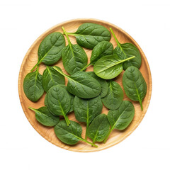 Fresh green spinach leaves arranged on a wooden plate isolated on a transparent background healthy