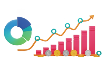 Financial growth represented by a colorful pie chart and rising bar graph with coins isolated on transparent background