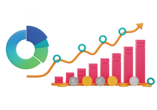 Financial growth represented by a colorful pie chart and rising bar graph with coins isolated on transparent background