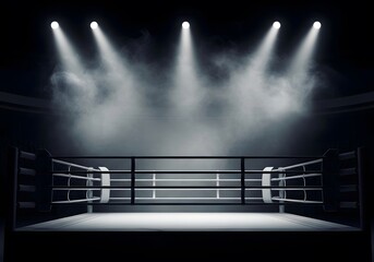 Dramatic empty boxing ring under spotlight for sports event promotion and design