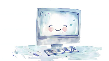 watercolor painting kawaii cute computer monitor