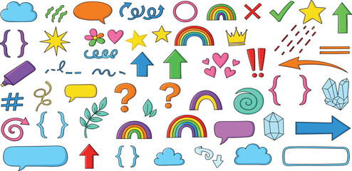 A vibrant and colorful collection of hand-drawn doodle elements, including arrows, speech bubbles, hearts, and rainbows, isolated for creative design projects