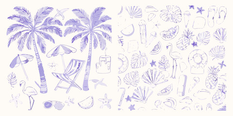 Whimsical hand drawn purple summer beach vacation elements collection palm trees beach chair flamingo sunglasses and tropical fruits