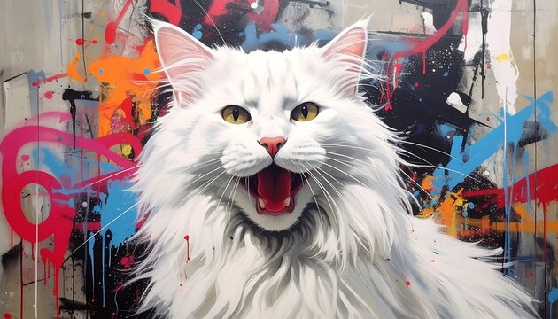 A fluffy white cat with open mouth against a vibrant abstract graffiti background