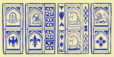 Medieval manuscript illumination style border with heraldic symbols and figures in blue ink on parchment background