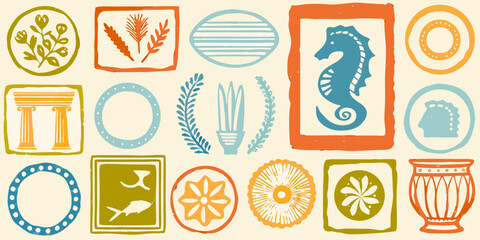 Collection of stylized graphic icons in a playful hand drawn block print style featuring marine life and botanical elements