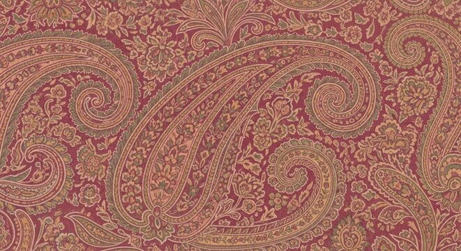 A close-up view of a red paisley fabric with intricate patterns and swirling designs.