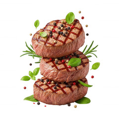 Grilled beef steaks stacked with peppercorns and basil leaves isolated on a transparent background meat