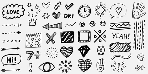 Hand drawn doodle icons and symbols for design and decoration on a white background