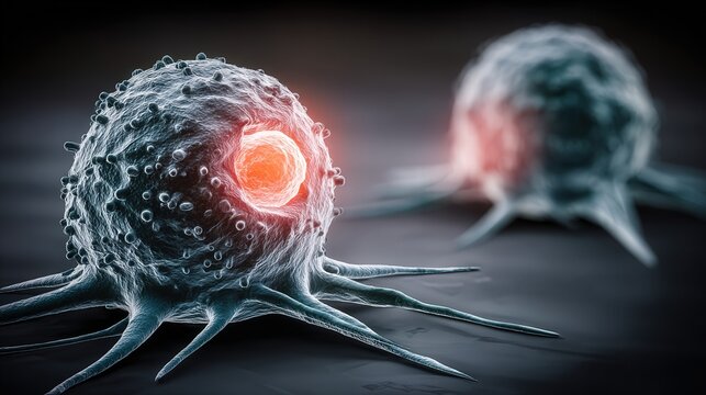 Realistic microscopic visualization of interleukin proteins acting as signaling molecules between immune cells with sharp biological detail.
