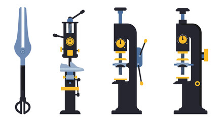 Illustration of vintage machinery a hammer drill and three presses