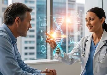 Doctor explaining genetic research to patient with futuristic hologram interface in medical office