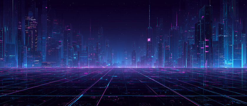 Abstract futuristic cityscape with glowing neon lights and digital grid patterns