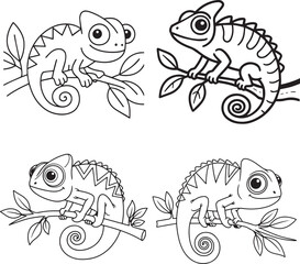Chameleon Illustrations on Branches - Black and White Outlines