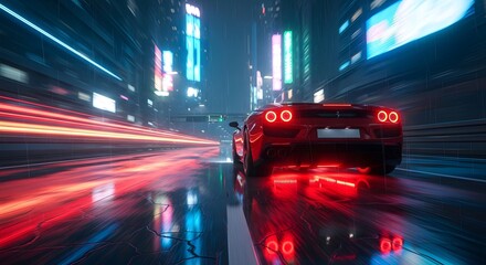 Futuristic urban night racing with speeding sports car in neon-lit city street scene