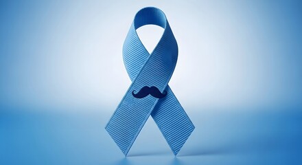 Blue ribbon with mustache on light blue background for men's health awareness and movember campaign