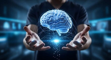 Concept of future neuroscience and innovation with glowing brain in hands for technological advancements and medical research