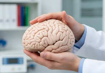 Medical study of the human brain held by a scientist in a laboratory setting for research and education