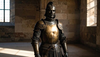 Full Ancient Armor Display in Stone Castle Interior with Ornate Details and Sunlight Streaming Through Windows Historical Depiction