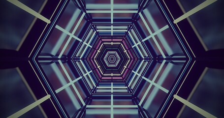 Vibrant geometric tunnel with neon lights and modern design