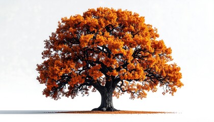 A full-grown tree in autumn, with orange leaves, standing against a stark white background