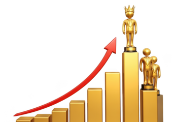 Golden business bar chart with a crowned figure at the peak and a red arrow showing upward growth isolated on transparent background