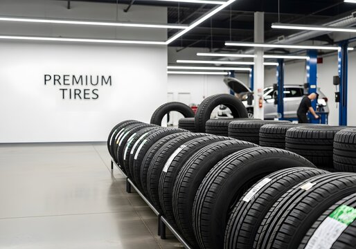 Premium tire display in modern auto shop with rows of new tires for sale and vehicle repair bay in background