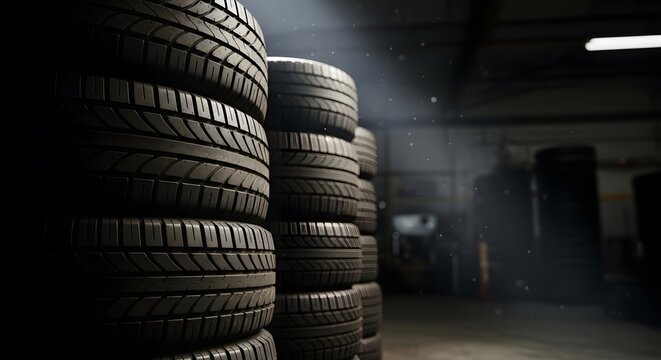 Stacked tires in the warehouse with dramatic lighting and dust particles for industrial design or advertising