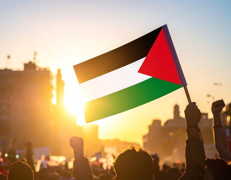 Silhouette of a crowd waving a flag at sunset - Powered by Adobe