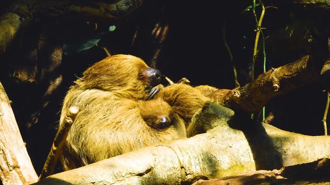 Close up of a sloth, with a baby resting in thetop of a tree ona sunny day in spring