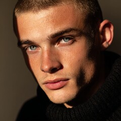 Obraz premium Captivating Gaze: A close-up shot reveals a handsome face with captivating blue eyes, bathed in soft, natural light, highlighting the person's strong features and intense expression.